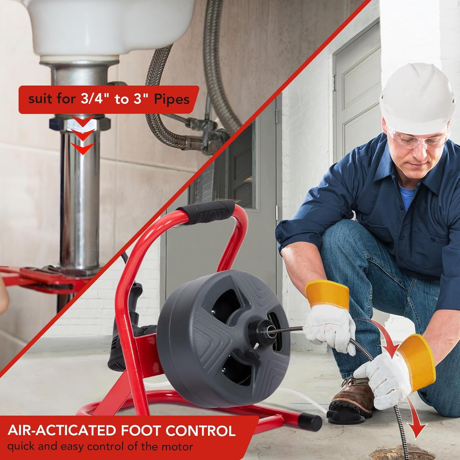 Drain Cleaner Machine 50Ft x 5/16 Inch, Electric Drain Auger Professional, Foot Switch with 6 Cutters, Glove, Drain Auger Cleaner Sewer Snake for 3/4 to 3 Inch Pipes