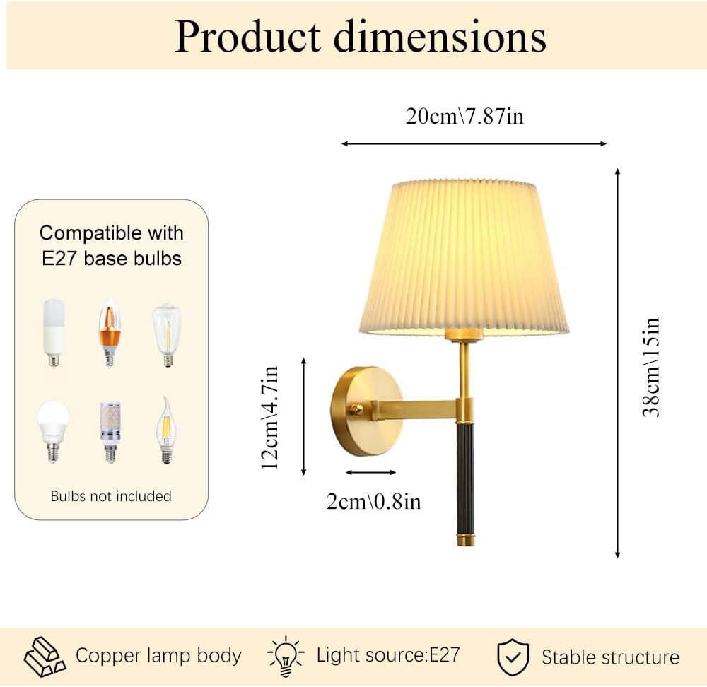 Gold Wall Sconces Pleated Fabric Wall Lamp, 1-Light Brass Vanity Retro Hardwired Indoor Vintage Industrial Wall Mount Lamp Fixture Lighting for Bedroom Bedside Living Room Hallway