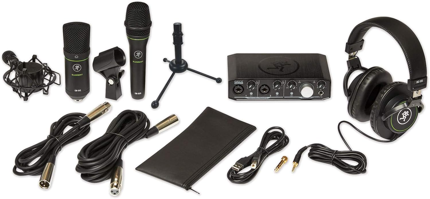 Mackie Producer Bundle with Onyx Producer interface, EM89D dynamic mic, EM91C condenser mic and MC-100 headphones.