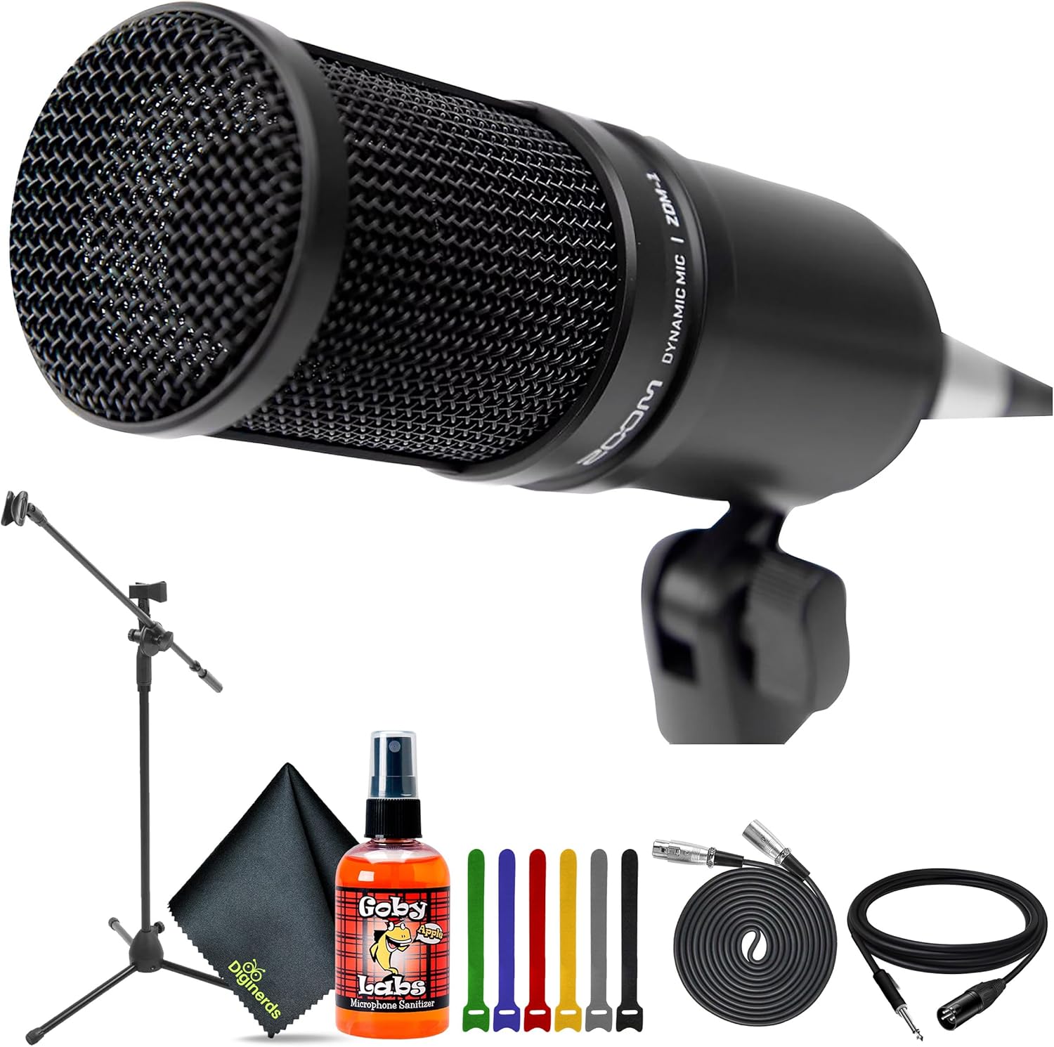 Zoom ZDM-1 Dynamic Podcasting Microphone + Tripod Boom Microphone Adjustable Floor Stand - Black + XLR to XLR 3M Balanced Interconnect Cable + Goby Labs Sanitizer Spray for Microphones + More
