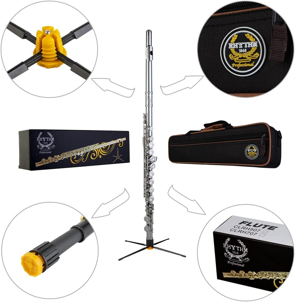 Rhythm C Flutes with Engraved Flower Closed Hole 16 Keys Flute For Student, Beginner with Stand, Carrying Case,Gloves,Joint Grease, Tuning Rod, Nickel