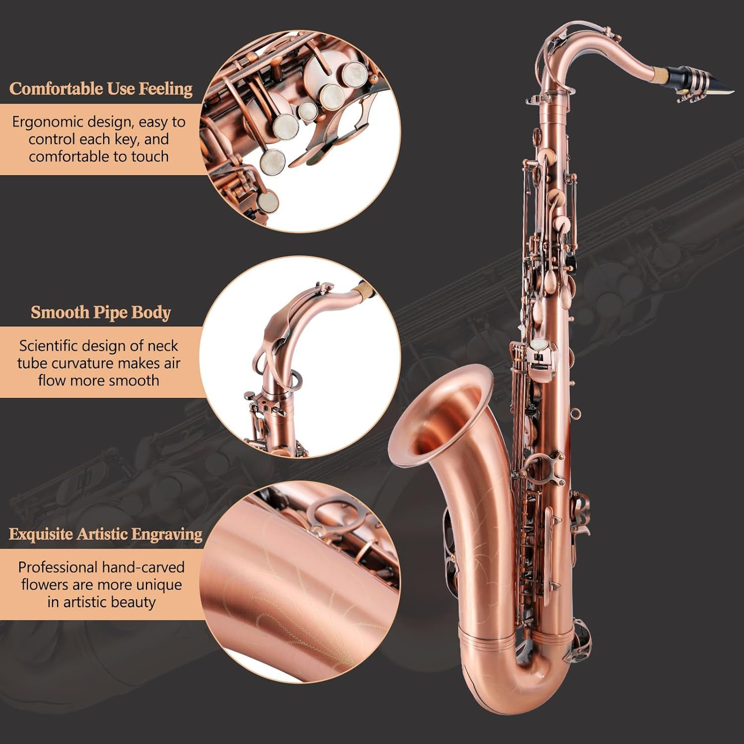 EASTROCK Tenor Saxophone Red Antique Copper B Flat Tenor Sax Professional Tenor Saxophone for Beginners Students and Musicians with Carrying Case,Mouthpiece,Reeds,Cleaning Kit,Neck Strap