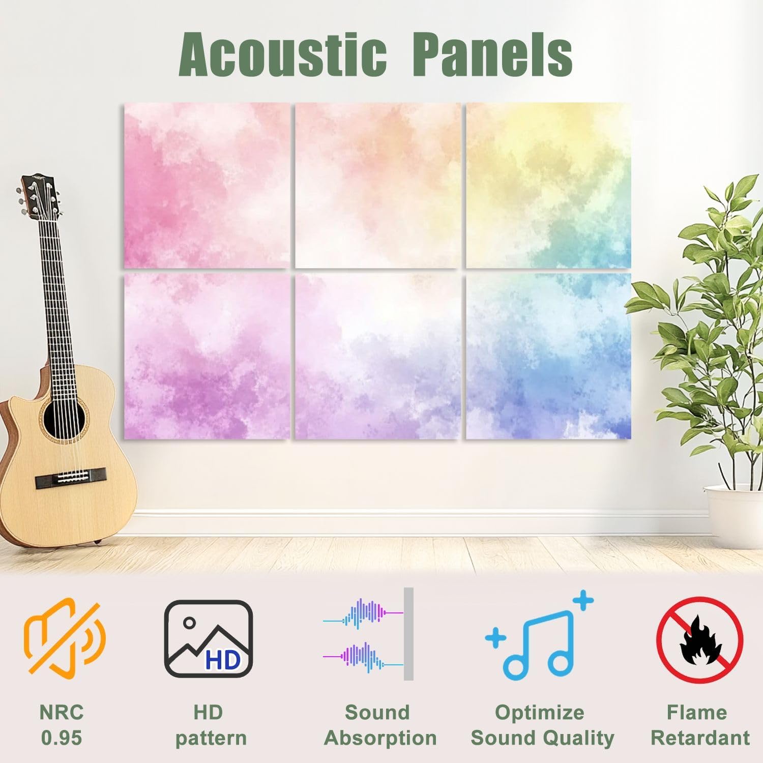 6 Pack Art Acoustic Panels Sound Absorbing Bright Pastel Rainbow Gradations Yellow Gold Pink Cyan Purple Colors Decorative Soundproof Wall Panels Self Adhesive for Recording Studios Office 72