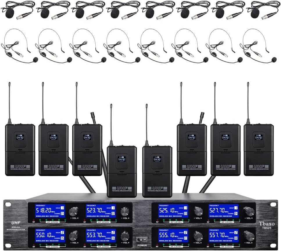 Wireless Microphone System UHF 8 Channel Lavalier Mic Bodypacks Lapel Mic 8 Headsets for Karaoke System Church Speaking Conference Meeting Classroom Wedding Party Meeting School