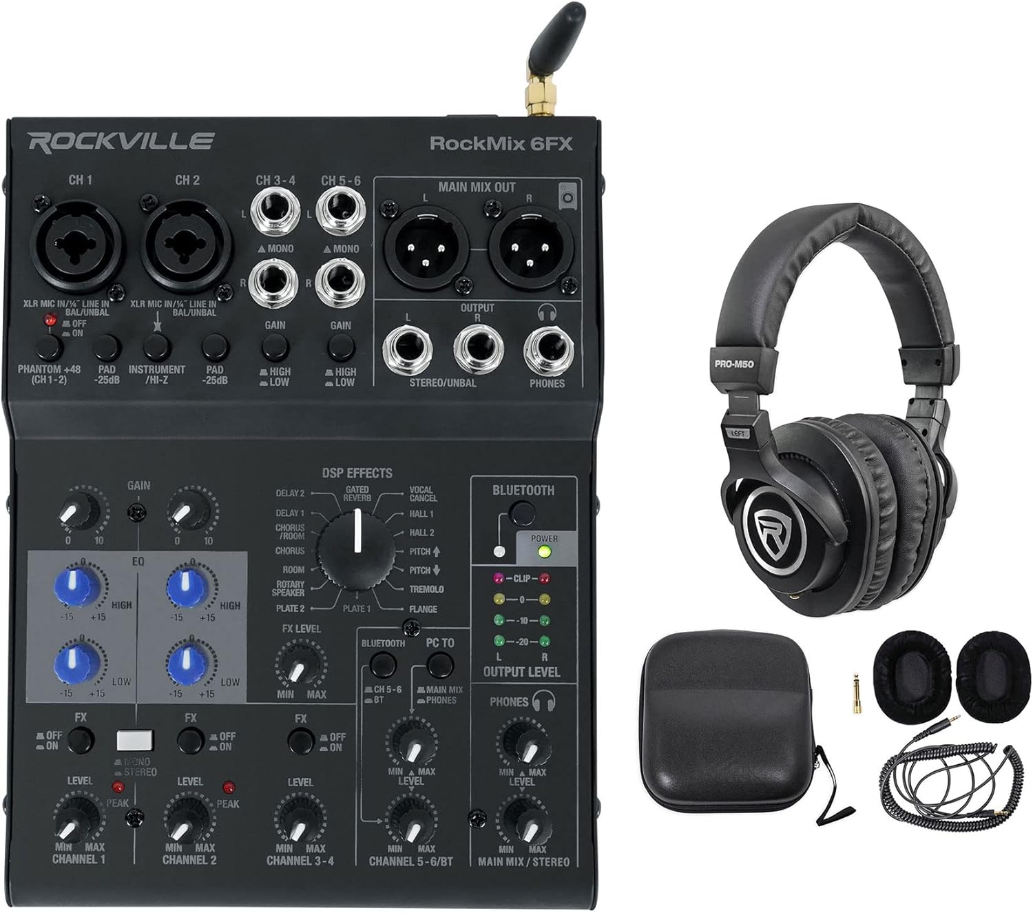 Rockville RockMix 6FX Bundle: 6-Channel Mixer with USB Recording Interface, Effects, Bluetooth, PRO-M50 Studio Headphones with Detachable Coil Cable, Case, Extra Ear Pad, 3-items