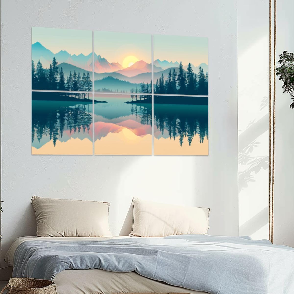 6 Pack Art Acoustic Panels Tranquil Sunrise Over Pastel Mountain Forest Soundproof Wall Panels, 48