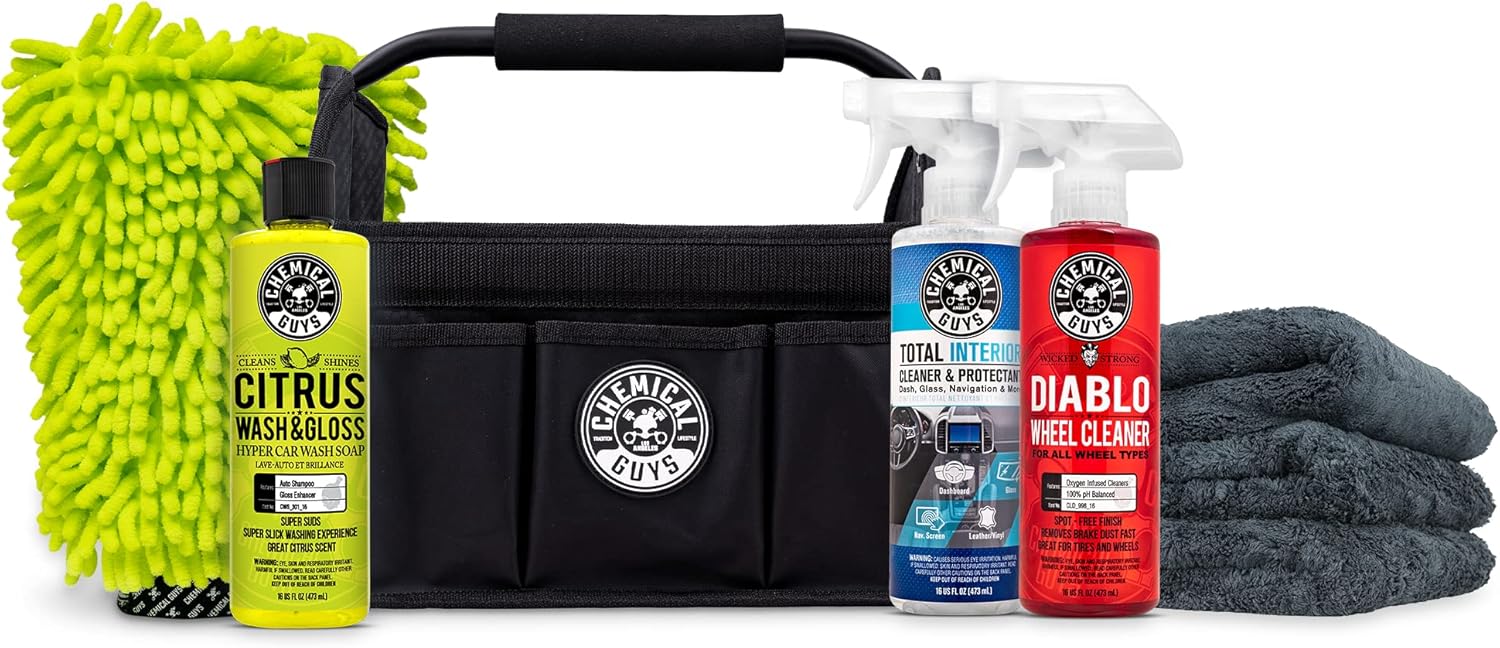 Chemical Guys HOL357CAD Clean & Shine Car Wash Starter Kit with Caddy - Safe for Cars, Trucks, Motorcycles, SUVs, Jeeps, RVs & More (8 Piece Set, Including 3 16 oz. Car Detailing Chemicals)