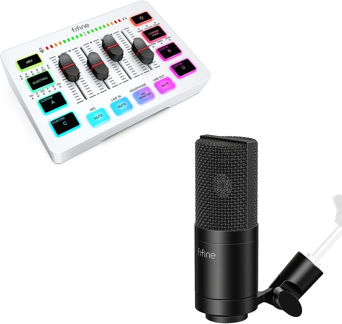 FIFINE XLR Microphone and Audio Mixer, Condenser Podcast Mic for Recording, Vocal, Voice-Over,Gaming Streaming PC Mixer with Slider Fader,XLR Microphone Interface,for Video/Game Voice(K669C+SC3W)