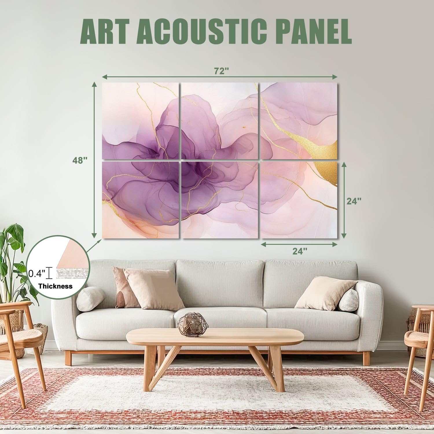 6 Pack Art Acoustic Panels Sound Absorbing White Marble Abstract Art Purple Swirls Gold Accents Delicate Lines Decorative Soundproof Wall Panels Self Adhesive for Recording Studios Office 72