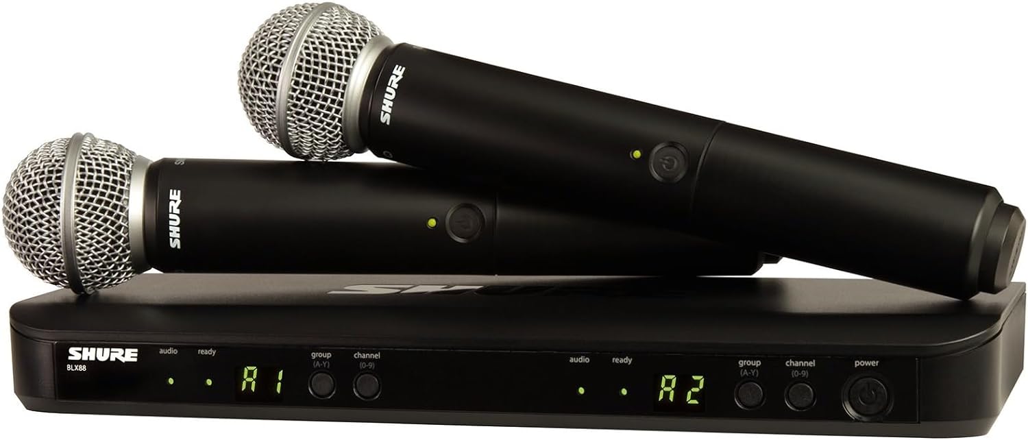 Shure BLX288/SM58 Wireless Microphone System - 14-Hour Battery Life, 300 ft Range, UHF | Includes (2) SM58 Handheld Vocal Mics, Dual Channel Receiver | H10 Band (BLX288/SM58-H10)