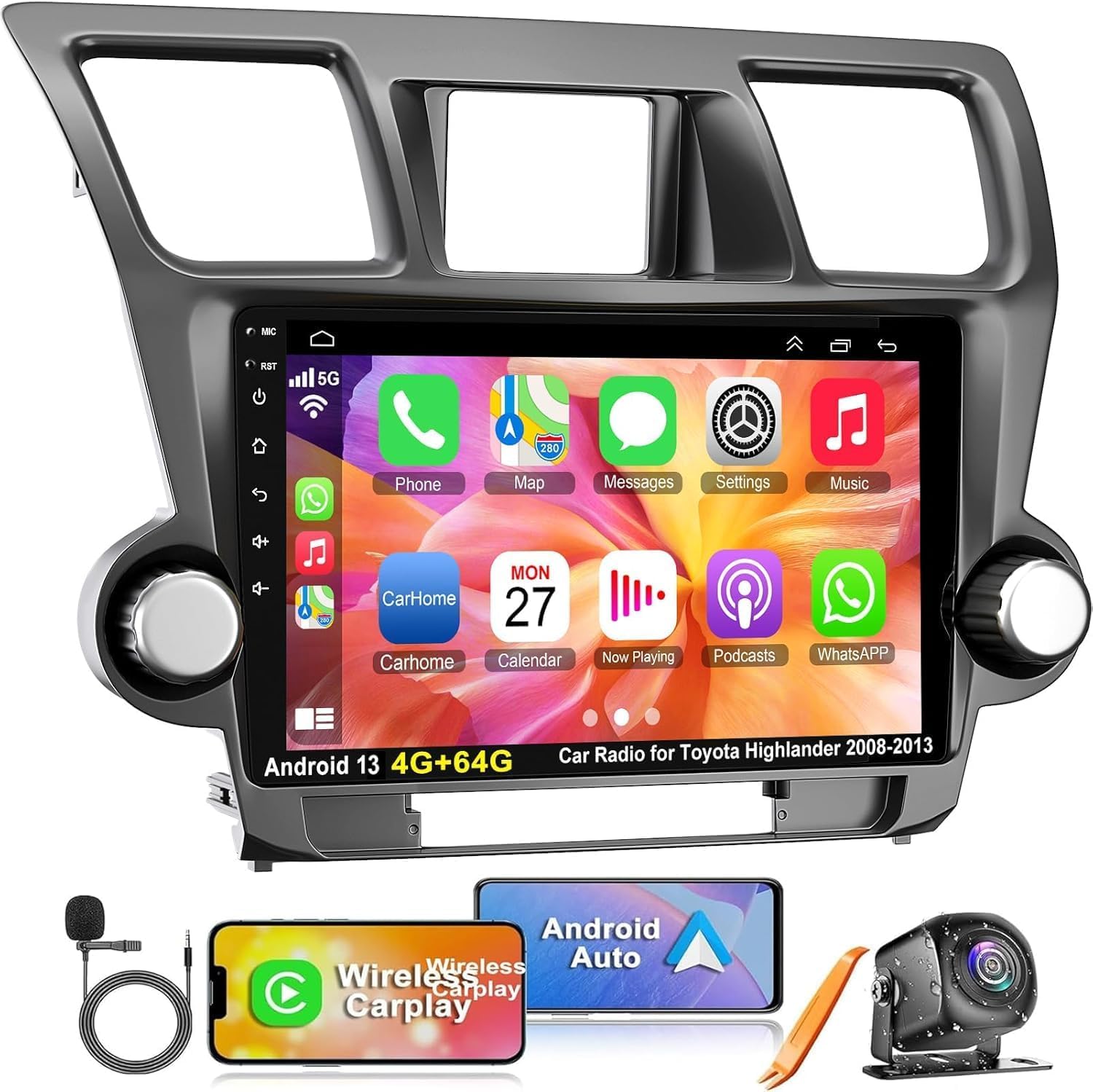 4G+64G Car Radio Stereo for Toyota Highlander 2008-2013, Wireless Carplay&Android Auto with Android 12 Support Bluetooth/Voice Control/GPS/WiFi/Back-up Camera/SWC/FM, 10.2 Inch IPS Touch Screen