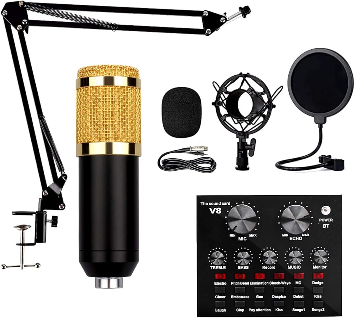 Condenser Microphone Bundle with Live Sound Card, Kit with Adjustable Mic Arm Stand Desk for Recording Broadcasting Vocal Microphones