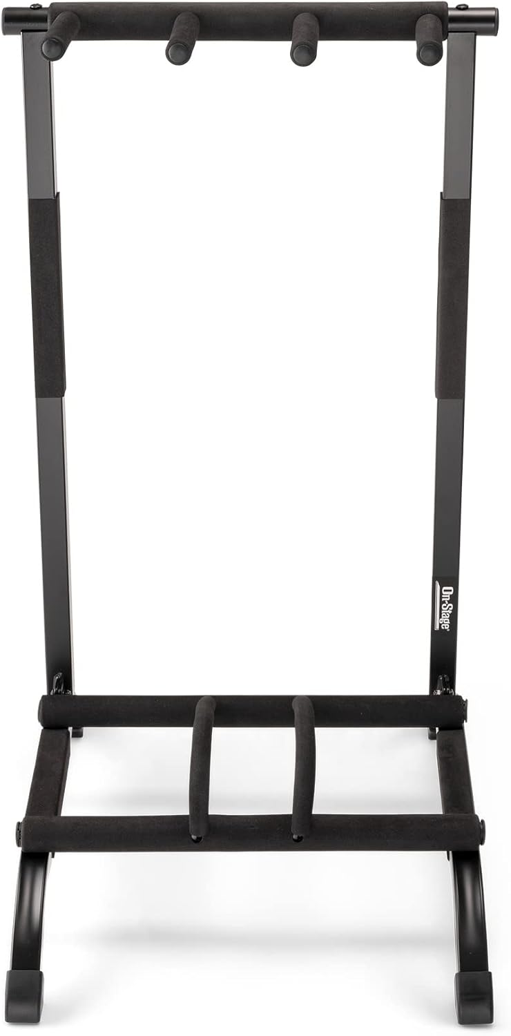 On-Stage GS7361 Three-Space Foldable Multi-Guitar Rack (Storage and Display for 3 Acoustic, Electric, and Bass Guitars, Multiple-Instrument Stand, Padded, Folding, Portable, Rubber Feet, Black)