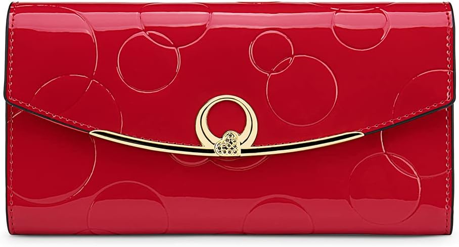 RFID Blocking Genuine Leather Wallet for Women Large Capacity 3-Fold Magnetic Closure Embossed Pattern Anti-Theft (Red)