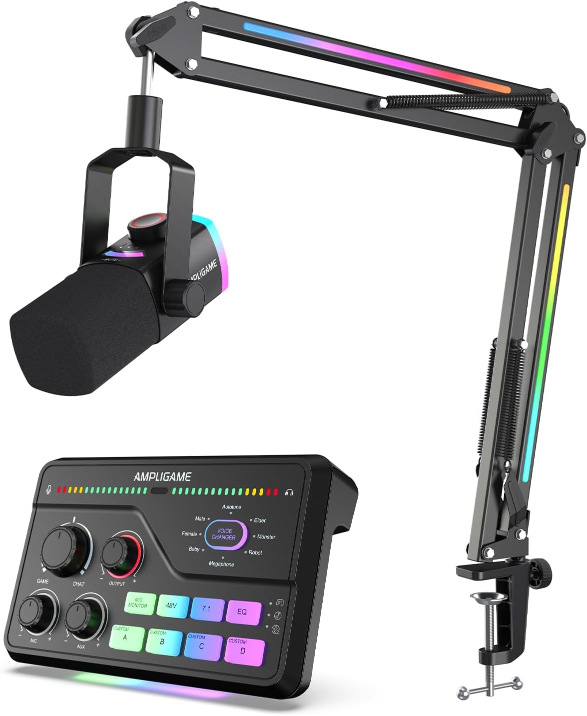 FIFINE Gaming Audio Kit, PC XLR Mic Kit with RGB Boom Arm and 7.1ch Gaming Mixer with Voice Changer, 3 EQ Modes Volume Control for Streaming/Podcast (AM8PROT+SC8)
