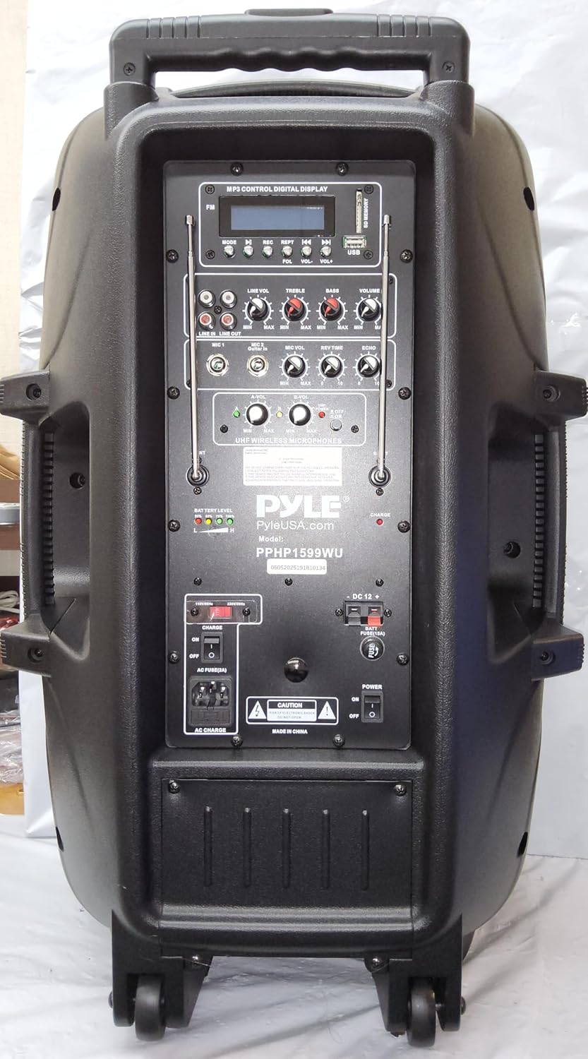 Pyle Karaoke Portable PA Speaker System - 1600W Active Powered Bluetooth Compatible Speaker, Rechargeable Battery, Easy Carry Wheels, USB MP3 RCA, FM Radio, 2 UHF Microphone, Remote - Pyle PPHP1599WU