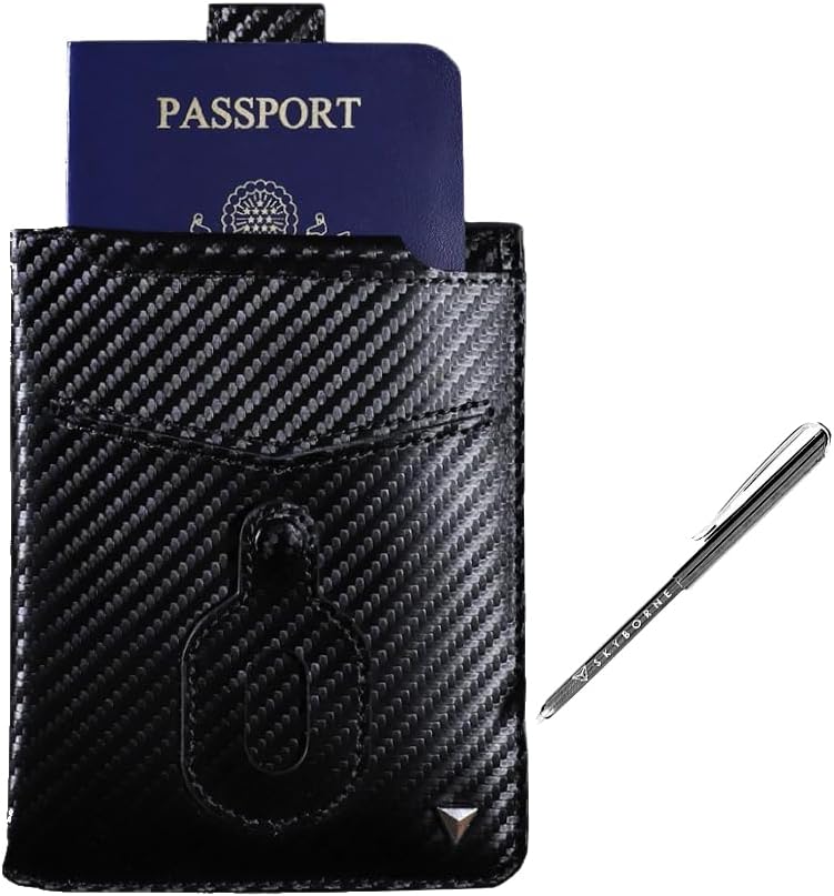 iTravel MINI Wallet: Trackable anti-theft Passport Holder With Magnetic Pull Tab- Neck Passport Wallet for Unisex Passport Protector - Boarding Pass Holder - Vaccine Card (Carbon Fiber)