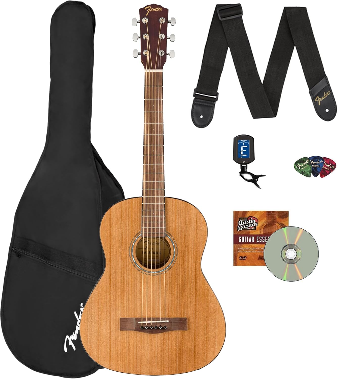 Fender FA-15 3/4-Scale Kids Steel String Acoustic Guitar - Natural Bundle with Gig Bag, Tuner, Strap, Picks, and Austin Bazaar Instructional DVD