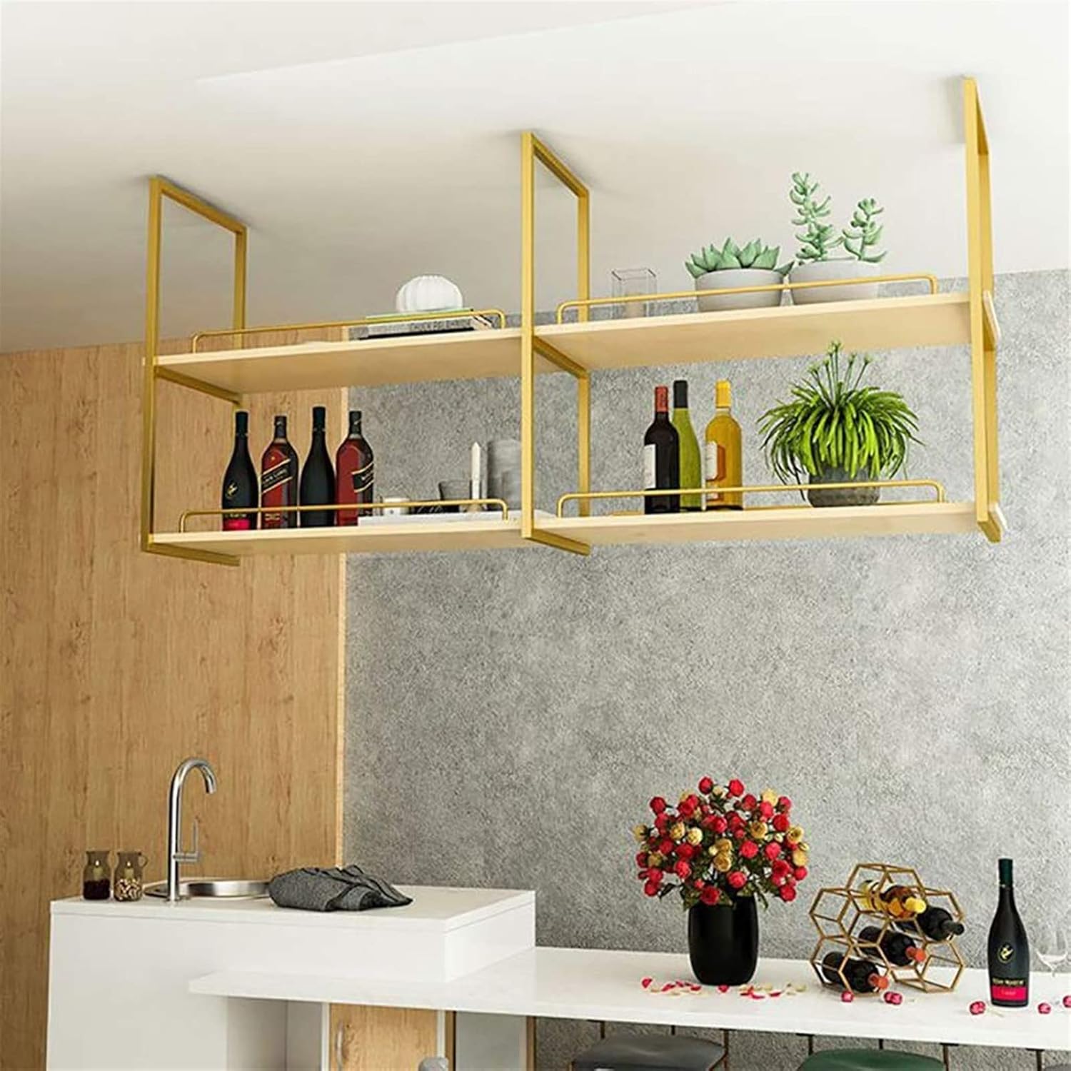Corner Ledge Wall Shelf,Hanging Floating Shelf Wine Rack - Ceiling Solid Wood Bottle Rack/Bookshelf, Suspended Solid Wood Storage Rack, Wall Mount Ceiling Plant Rack - Decorative Shelving, K