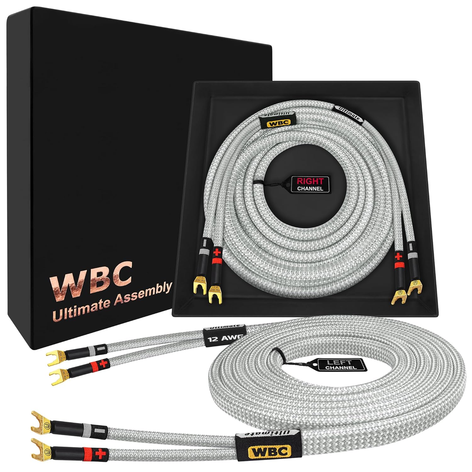 WORLDS BEST CABLES 25 Foot Ultimate - 12 AWG - Ultra-Pure OFC - Premium Audiophile HiFi Speaker Cable Pair with Eminence Spade Plugs & Silver Tweed Jacket
