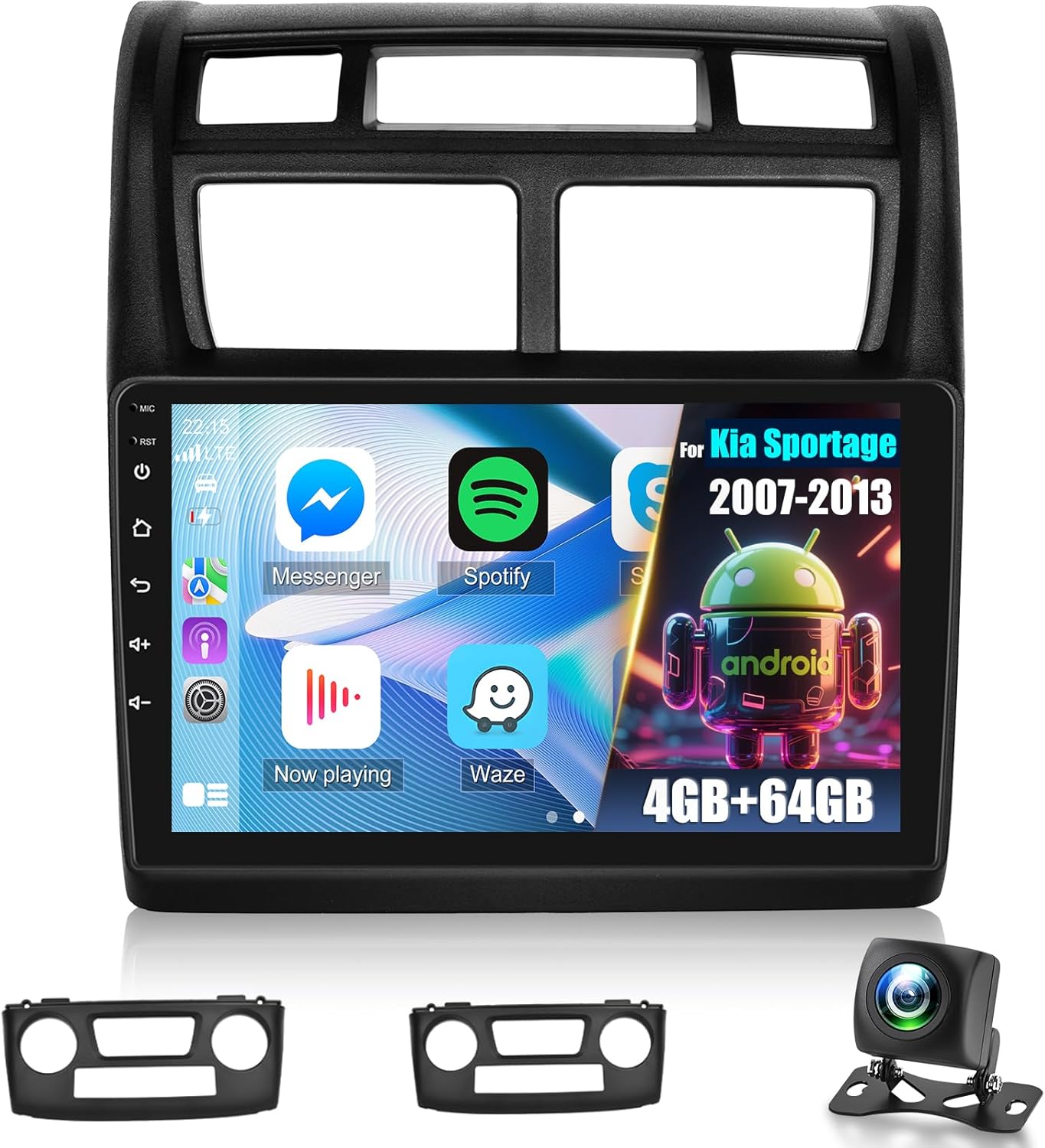 [4+64G] NHOPEEW Car Radio for Kia Sportage 2007-2013 with Wireless Carplay and Android Auto - 9 Inch HD Touchscreen Android Car Stereo - EQ Audio/WiFi/GPS/SWC/Bluetooth + AHD Backup Camera