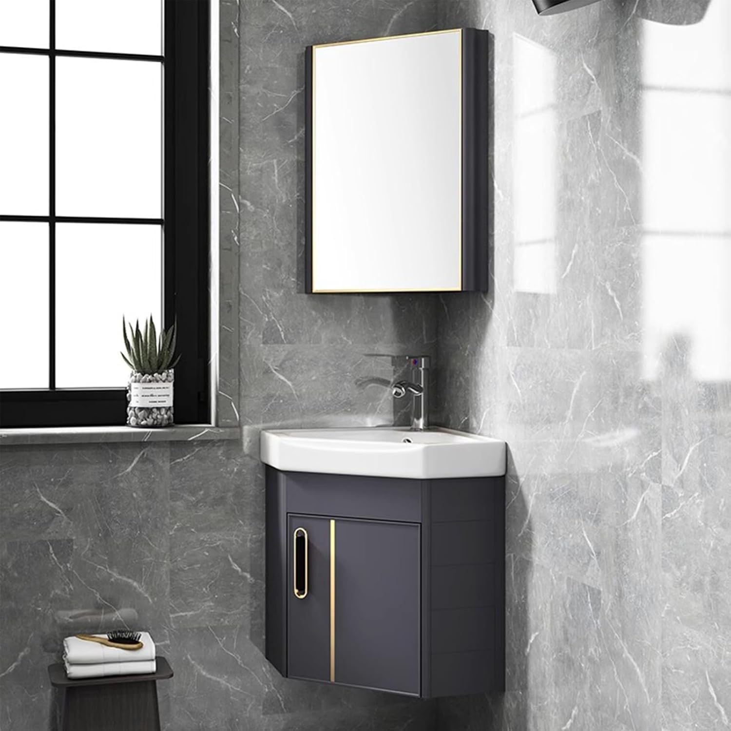 Corner Bathroom Vanity Sink Combo, Wall Mount Multifunctional Practical Ceramic Sink with Mirror Cabinet, Wall Mount Vessel Sink for Small Space(Gray,38cm/15in)