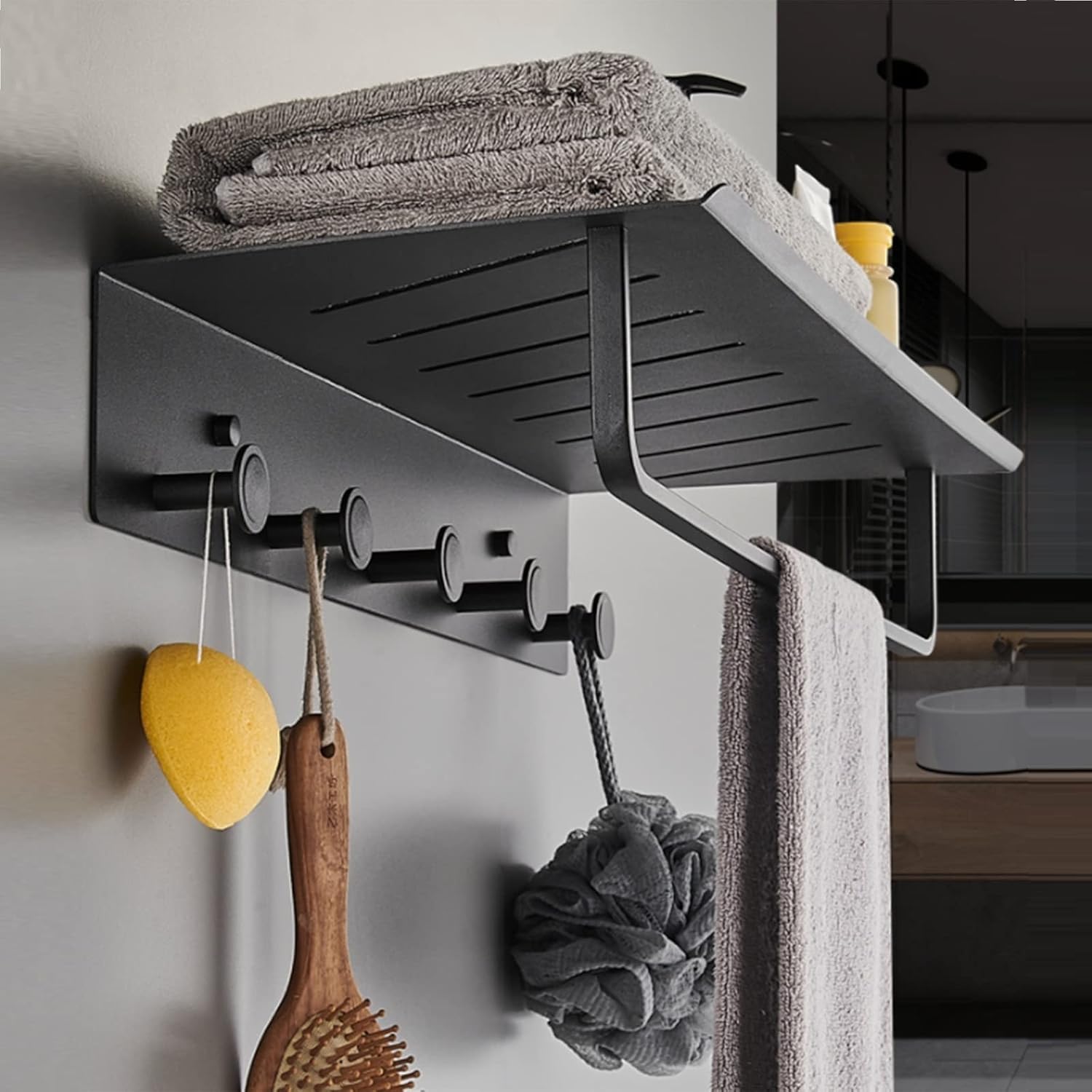 Shower Shelves with Towel Rack Bathroom Shelf Adhesive Shower Caddie with Hook No Drilling Wall Mount Space Aluminum for Kitche