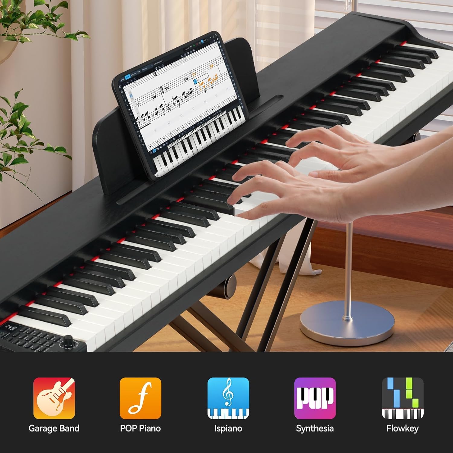 ZHRUNS 88 Key Weighted Keyboard Piano with X-Shape Stand, Sustain Pedal, Power Adapter & Sheet Music Stand - Home Digital Piano, Black