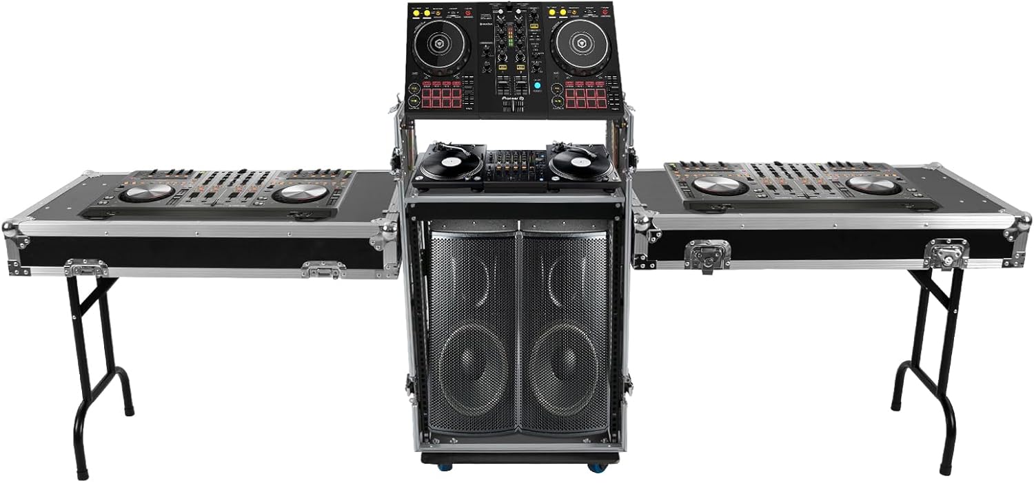 DYNAMI 14U PA DJ Rack w/Wheels,2 Tier Heavy Duty Road ATA Case with 2 Work Tables,DJ Mixer Stand Audio Rack,for Music Studio Booth Pro Audio Recording Cabinet Stage Equipment (14U+Dual Work Table)