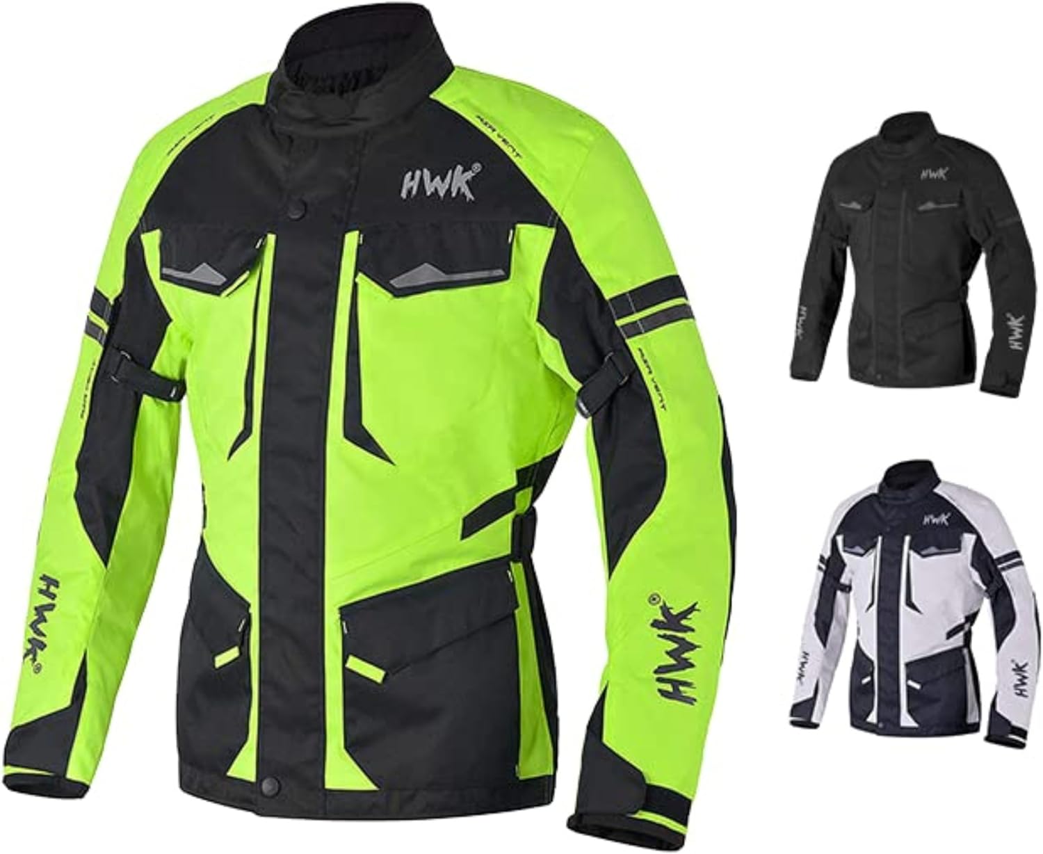 HWK Adventure Touring Motorcycle Jacket for Men, Water Resistant Cordura Textile Biker Jacket for Men, Durable and Stylish Moto Gear with CE Armor for Enduro Motorbike Riding - Hi-Vis Green, XL