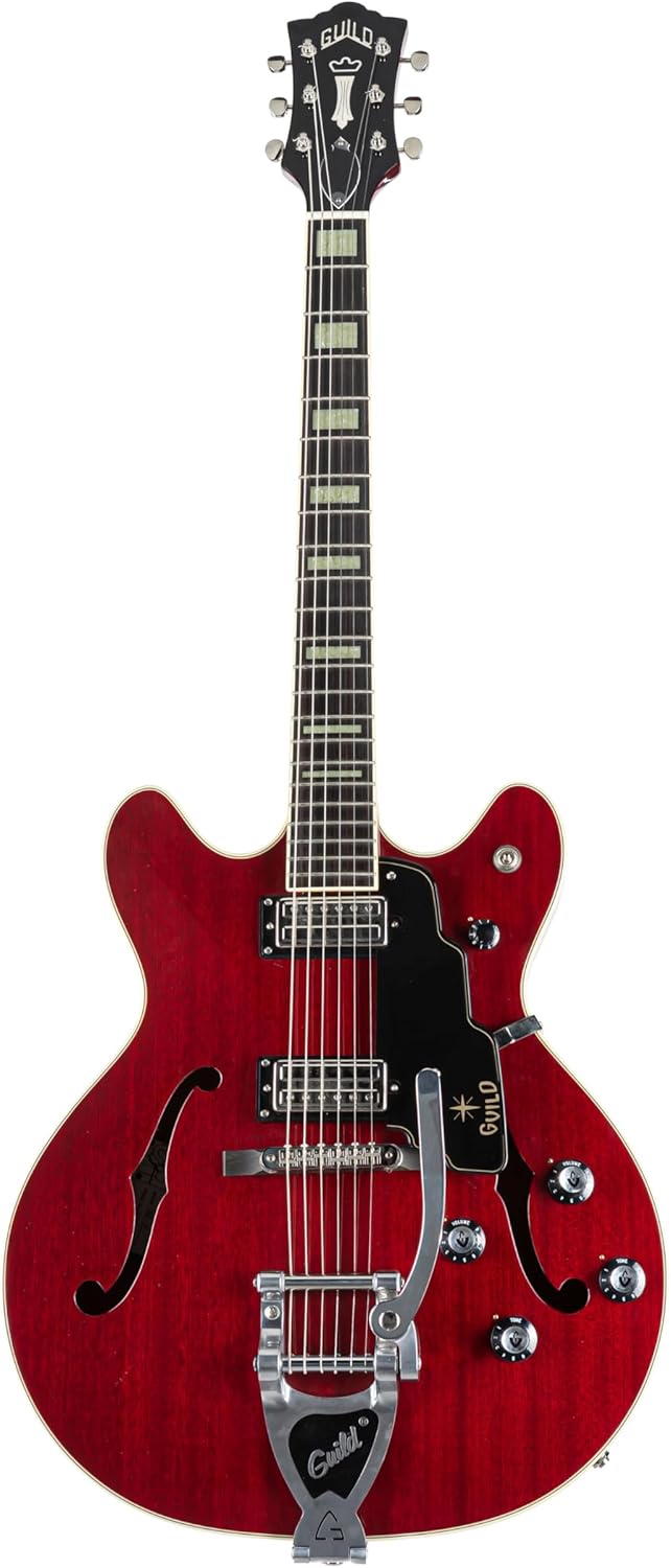 Guild Guitars Starfire V Semi-Hollow Body Electric Guitar, Cherry Red, Double-Cut w/tremolo, Newark St. Collection, with Hardshell Case