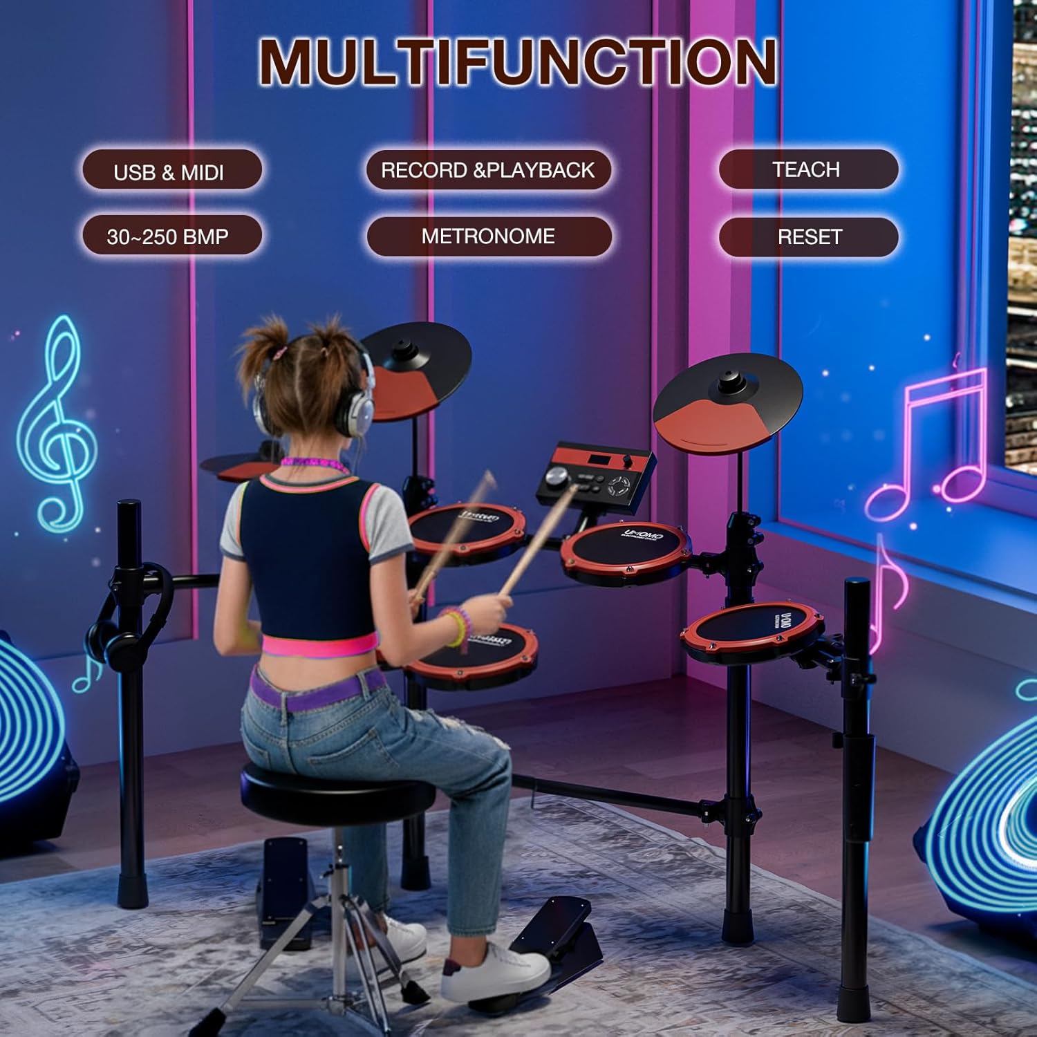 UMOMO UMD-771 Electric Drum Set, Electronic Drum Set With Mesh Electric Drum Pads, 225 Sounds, Drum Sticks, Headphones & Audio Cables, Stable Steel Frame, 15 Drum Kits, for Beginner, Red & Black