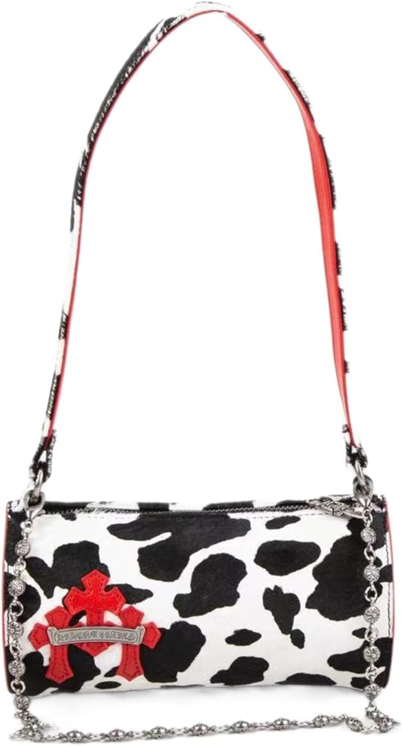 Milk Cow Print Round Genuine Leather Barrel Bag for Women Small Hobo Bags Crossbody Purse Fashion Portable Underarm Bag