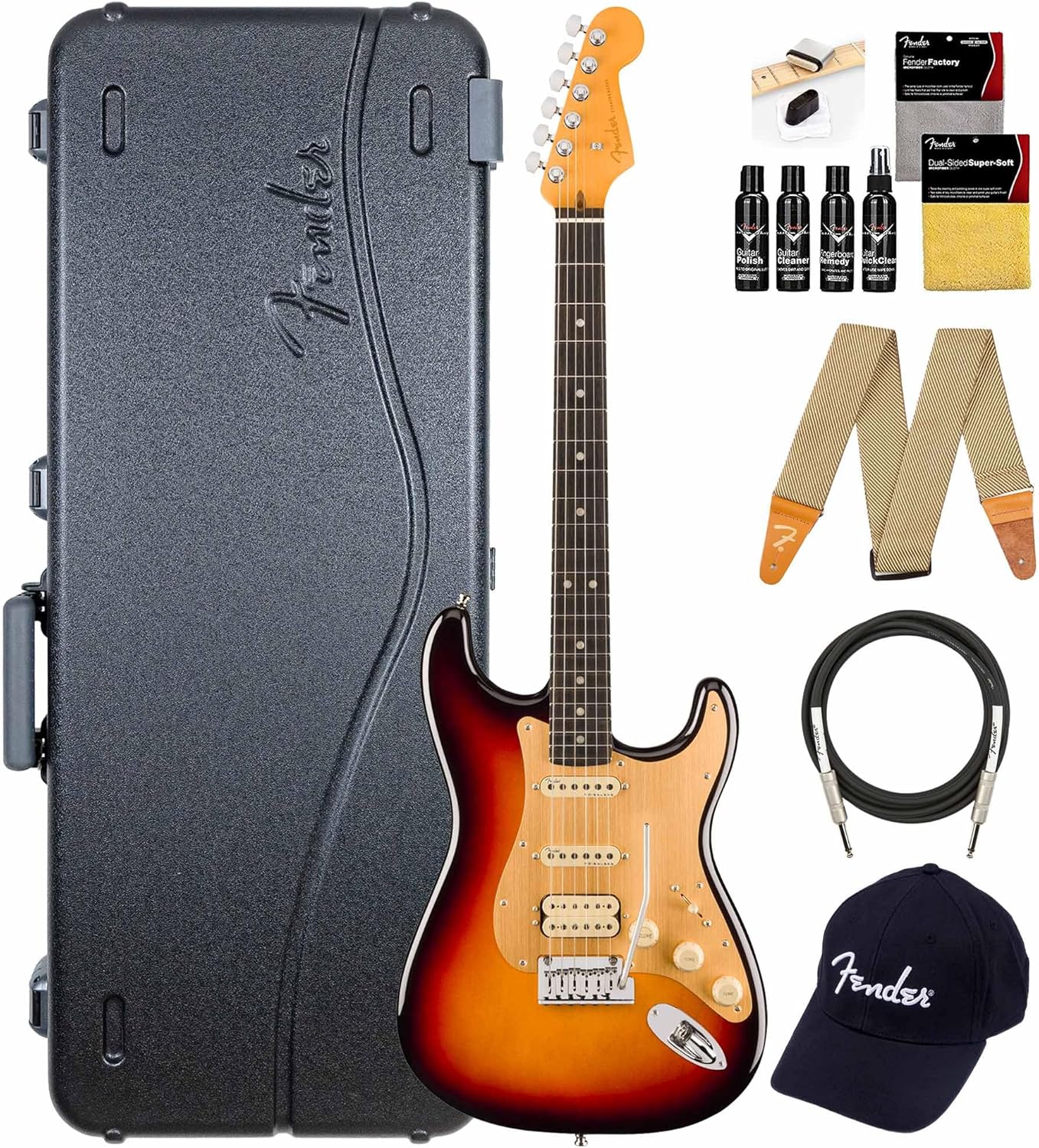 Fender American Ultra II Stratocaster HSS - Ultraburst Bundle with Case, Strap, Cable, Hat, and Guitar Cleaning Kit