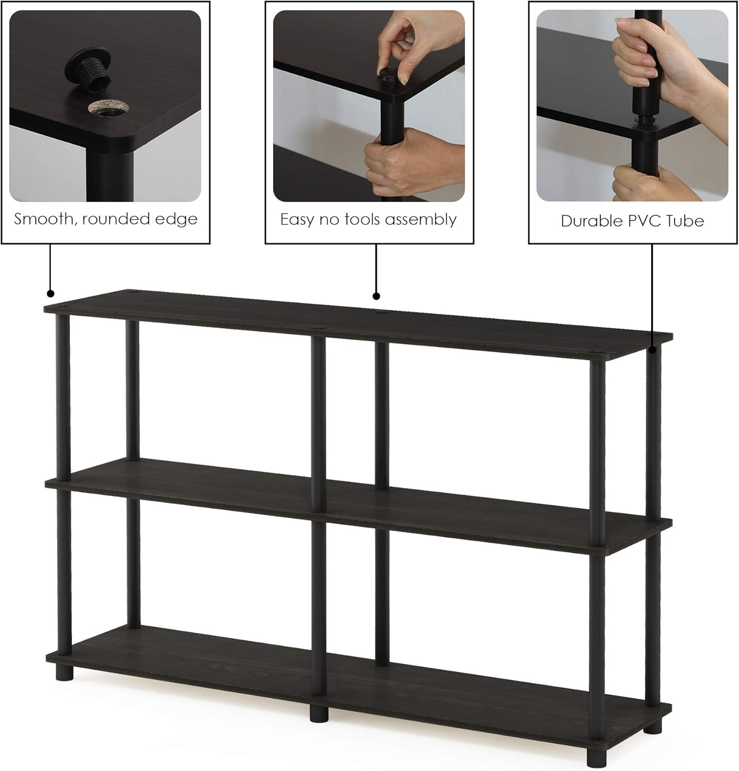 Furinno TURN-N-TUBE Storage Shelves, 3-Tier 47.4 Wide Book Shelf, Corner Shelf, Toolless Open Shelves, for Organization and Storage, Living Room, Garage, Home Office, Espresso