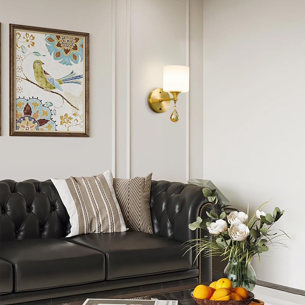 American Style Retro Wall Sconce, Glass Shade Wall Sconce Light with Crystal Pendant, Vintage Brass Indoor Wall Mount Light Fixtures for Living Room Bedroom Hallway Bathroom (Antique)