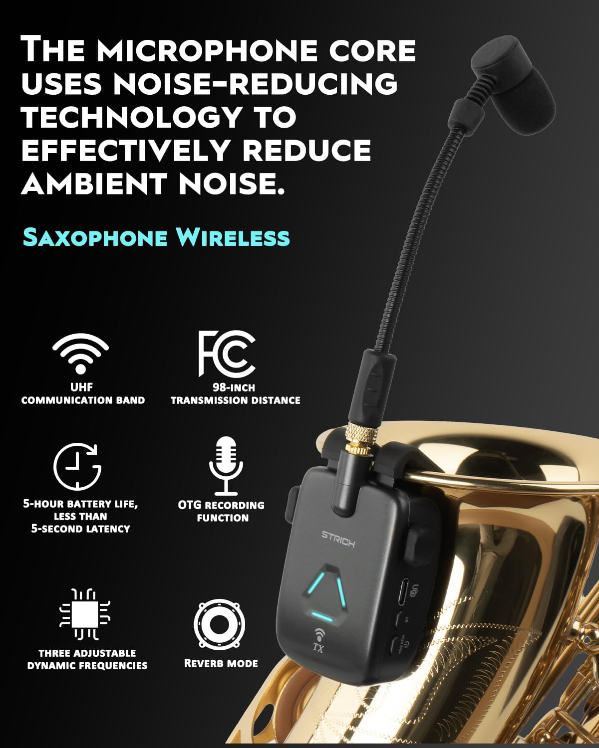 STRICH UHF Rechargeable Wireless Instrument Microphone System with Clip-on Transmitter & Receiver, 99ft Range, Reverb OTG Recording, for Trumpet, Trombone, Saxophone & Brass Instruments