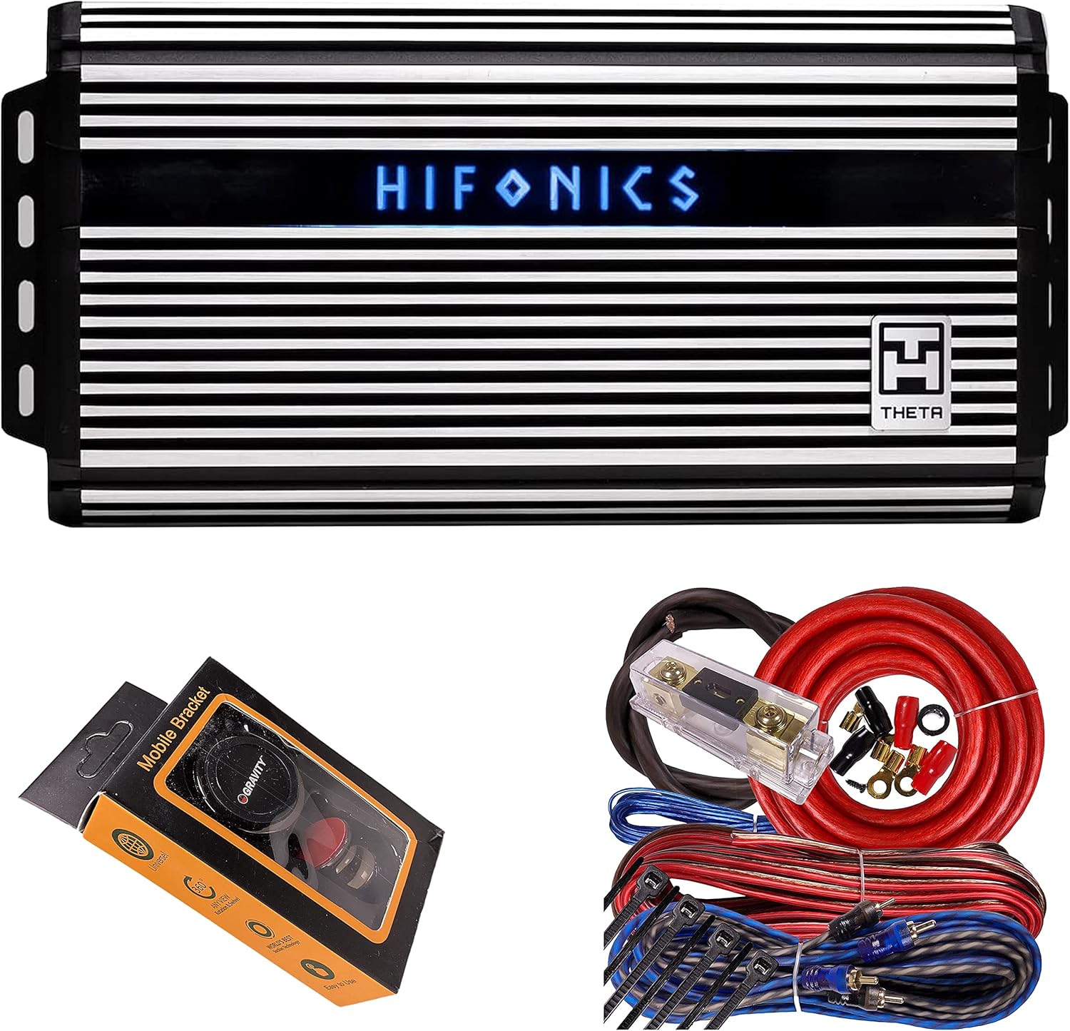 Hifonics ZTH-2225.1D Zeus Theta Compact Mono Channel Car Audio Amplifier (Silver) – Class D Amp, 2200-Watt Bass Remote Included with Gravity Phone Holder and 4 Gauge Amp Kit Red Bundle