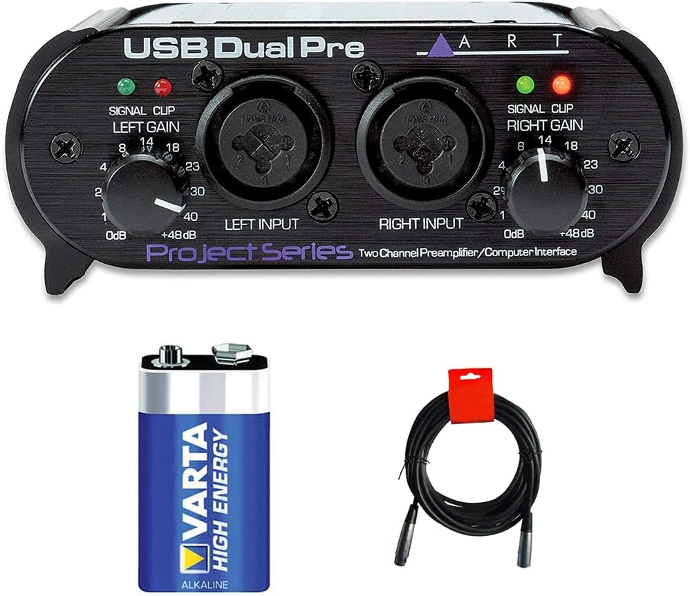 ART USB Dual Pre USB 1.1 Digital Audio Interface with Dual Microphone Preamps Bundle with Varta 9V Alkaline Battery and 20