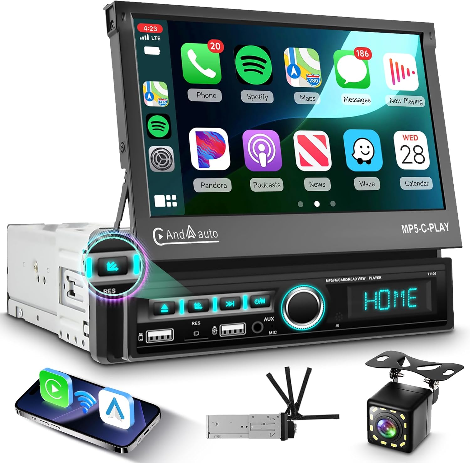 Single Din Flip Out Car Stereo 7” Motorized Touchscreen – Wireless CarPlay Android Auto, Bluetooth, FM, Dual USB, Mirror-Link, SWC + Free HD Backup Camera