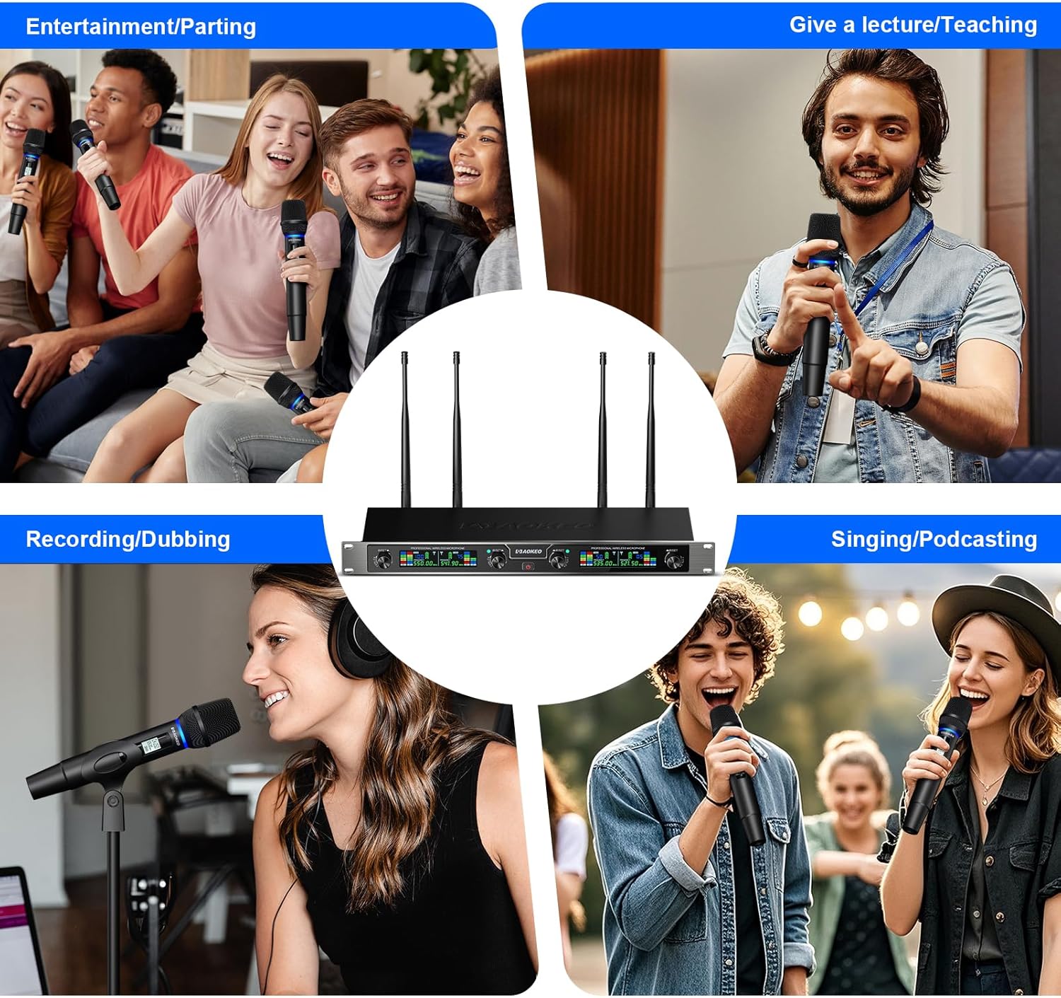 Aokeo Wireless Microphones System, 4 Channel UHF Wireless Mics,with 4 Handheld Dynamic Microphones,Metal Receiver for Karaoke,Singing,Wedding,Party,Speech