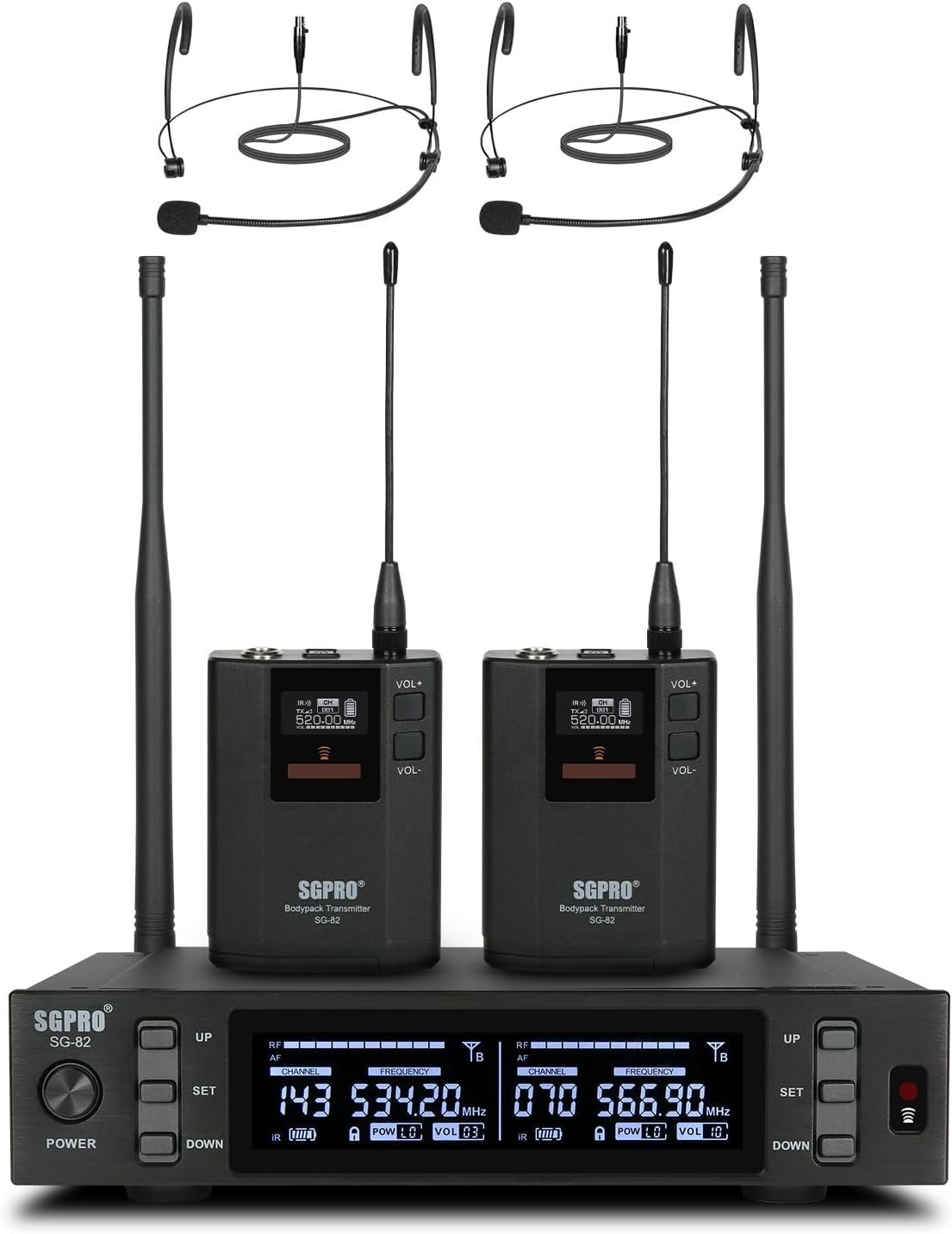 Dual Wireless Microphone System - Metal Transmitter & Receiver, 520-590 MHz Adjustable Frequency, Antenna Diversity, Superior Sound Quality, Ideal for Professional Audio and Events (SG-82BB)