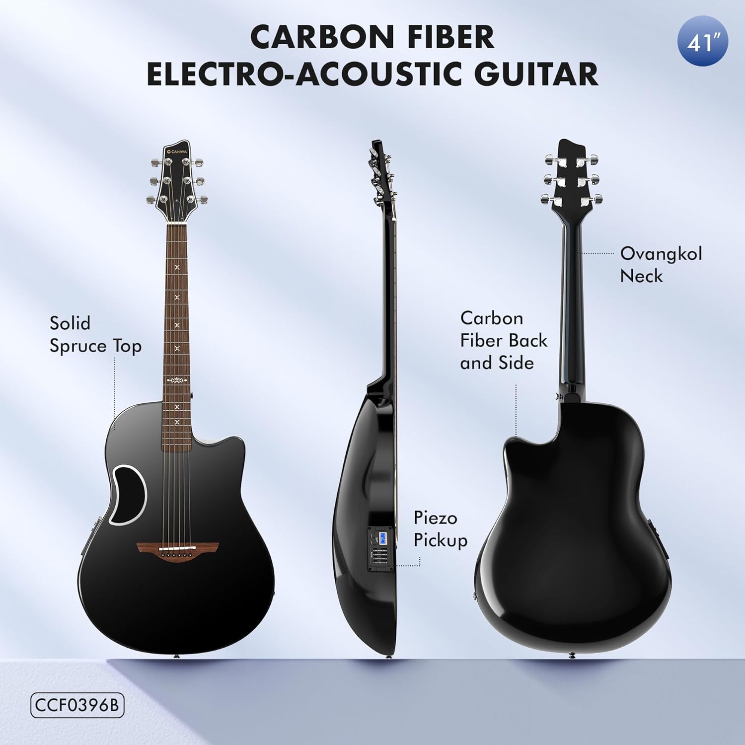 CAHAYA Acoustic Electric Guitar Kit - 41” Carbon Fiber Adult Beginner Set with Bag and Strap Built-In Pickup Rich Resonance & Warm Tone for Performance Ready, High-Gloss Black Finish