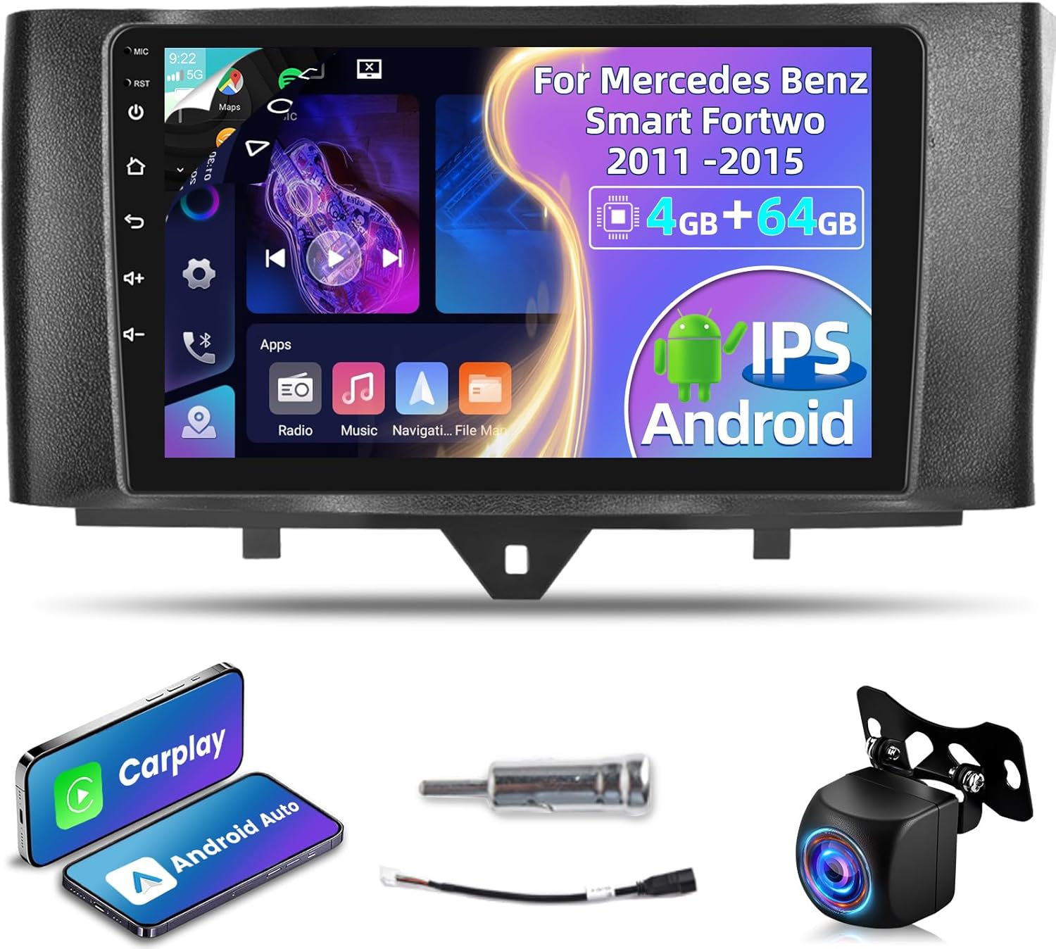 [4+64G] Car Radio for Mercedes Benz Smart Fortwo 2011-2015, 9 inch IPS 1280 * 720P Touchscreen Android Stereo - Wireless Carplay and Android Auto, AI DSP, Customize Homepage,SWC + AHD Backup Camera
