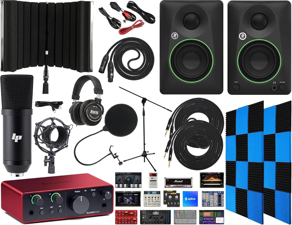 Scarlett Solo 2x2 USB Audio Interface Bundle with Creative Music Production Software Kit, CR3-X Monitors, LP Condenser Microphone Kit (Black) and 24 pc Acoustic Foam Wedge Panels & Isolation Booth