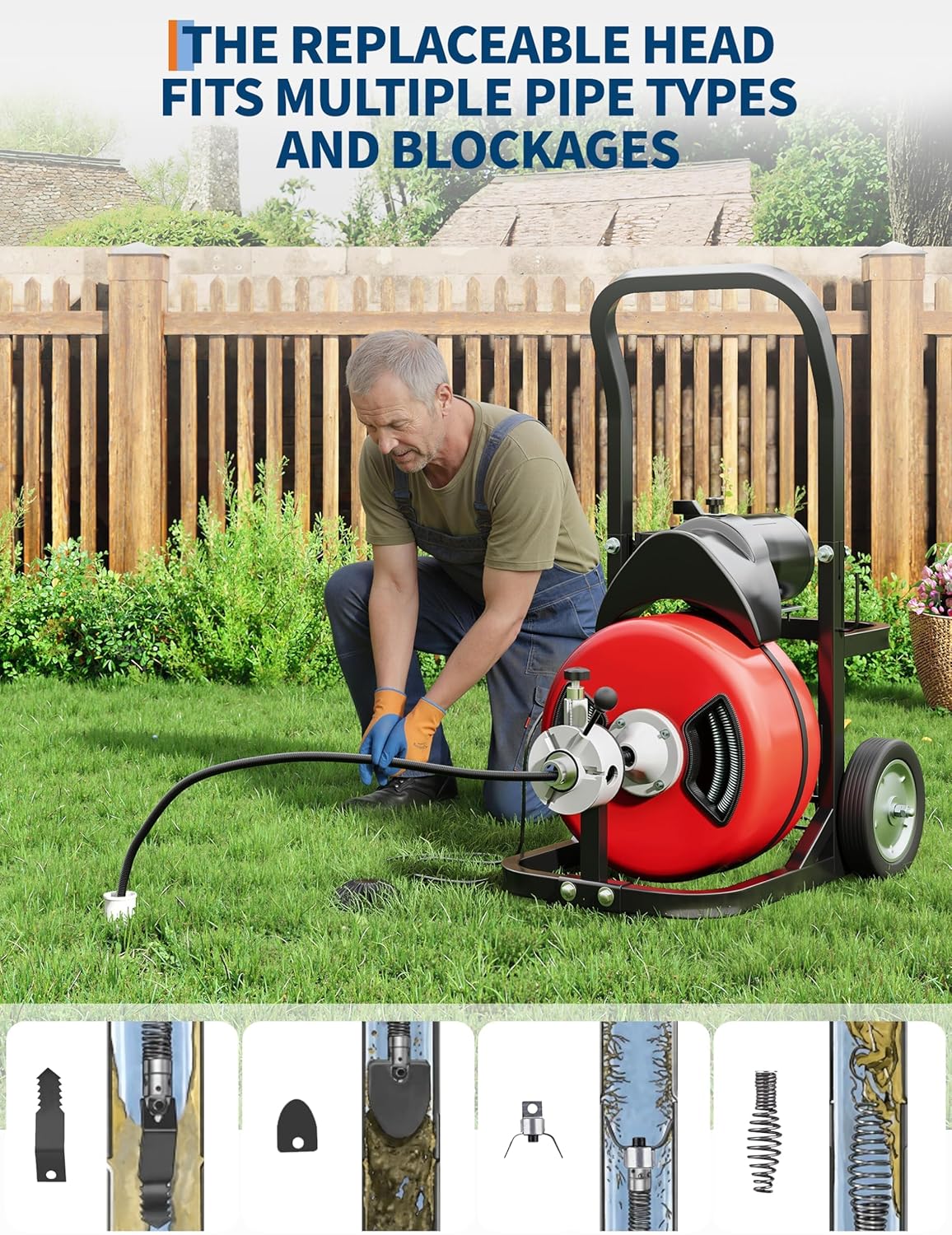 75FT x 1/2 Inch Steel Core Cable Portable 370W Electric Drain Cleaning Machine With Sewer Auger, Cutter, Air-activated Foot Switch, Wheels