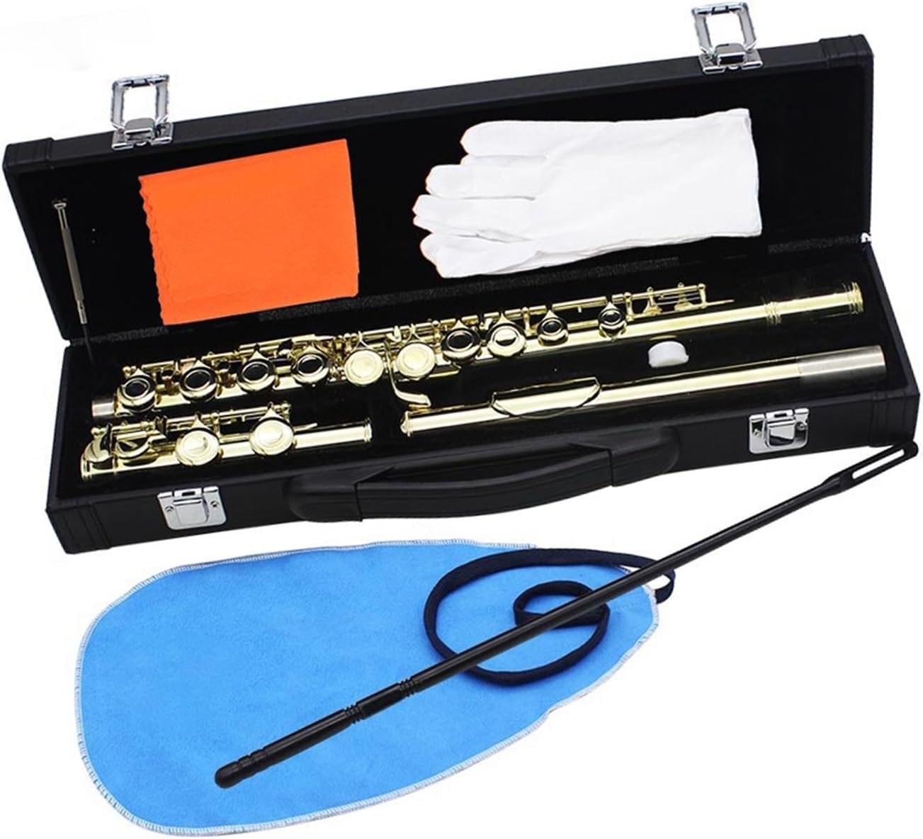 Flute Golden 16 Holes C Tone Flute with E Key Woodwind Instrument Closed Hole Gold-Plated Keys Cupronickel Tube Flutes Musical Instruments