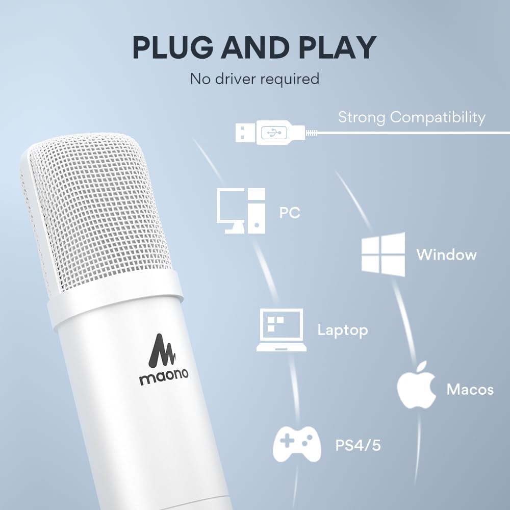 MAONO USB Microphone, 192kHz/24bit Plug & Play PC Computer Podcast Condenser Cardioid Metal Mic Kit with Professional Sound Chipset for Recording, Gaming, Singing, YouTube