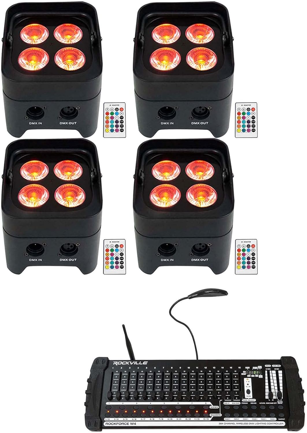 Rockville Best PAR 50 Bundle: (4) Rechargeable Par Can Wash Lights, Wireless DMX, RGBWA, UV, ROCKFORCE W4 384 Channel Wireless DMX Lighting Controller with MIDI, 5-Items