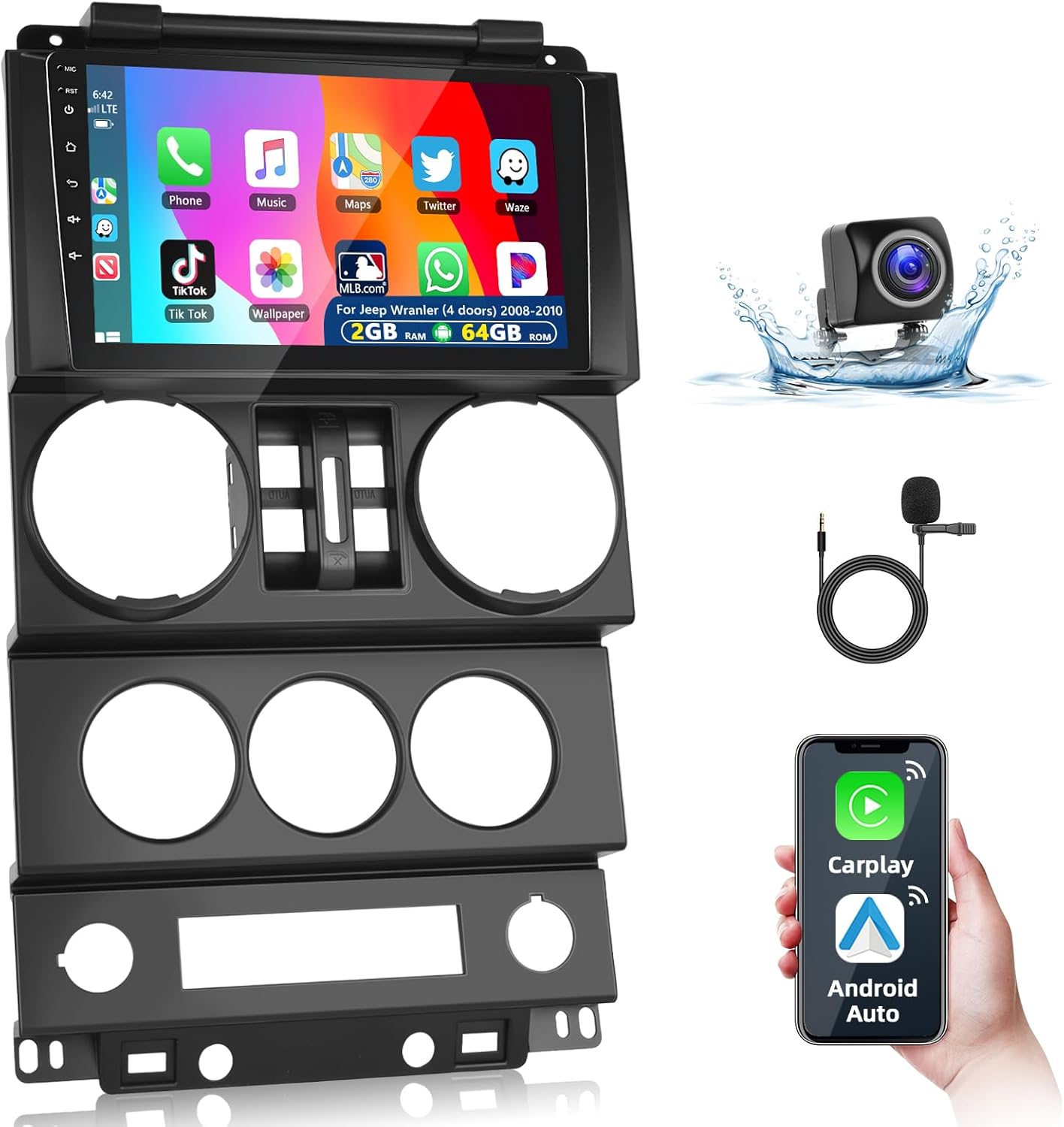 Podofo 2+64G Car Radio for Jeep Wrangler 2007 2008 2009 2010 (4 Door) with Wireless Apple Carplay Android Auto,9